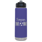 Laser etched purple 20 oz vacuum insulated water bottle with 'Mom Soccer2' design