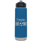 Laser etched royal blue 20 oz vacuum insulated water bottle with 'Mom Soccer2' design