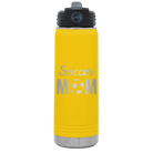 Laser etched yellow 20 oz vacuum insulated water bottle with 'Mom Soccer2' design