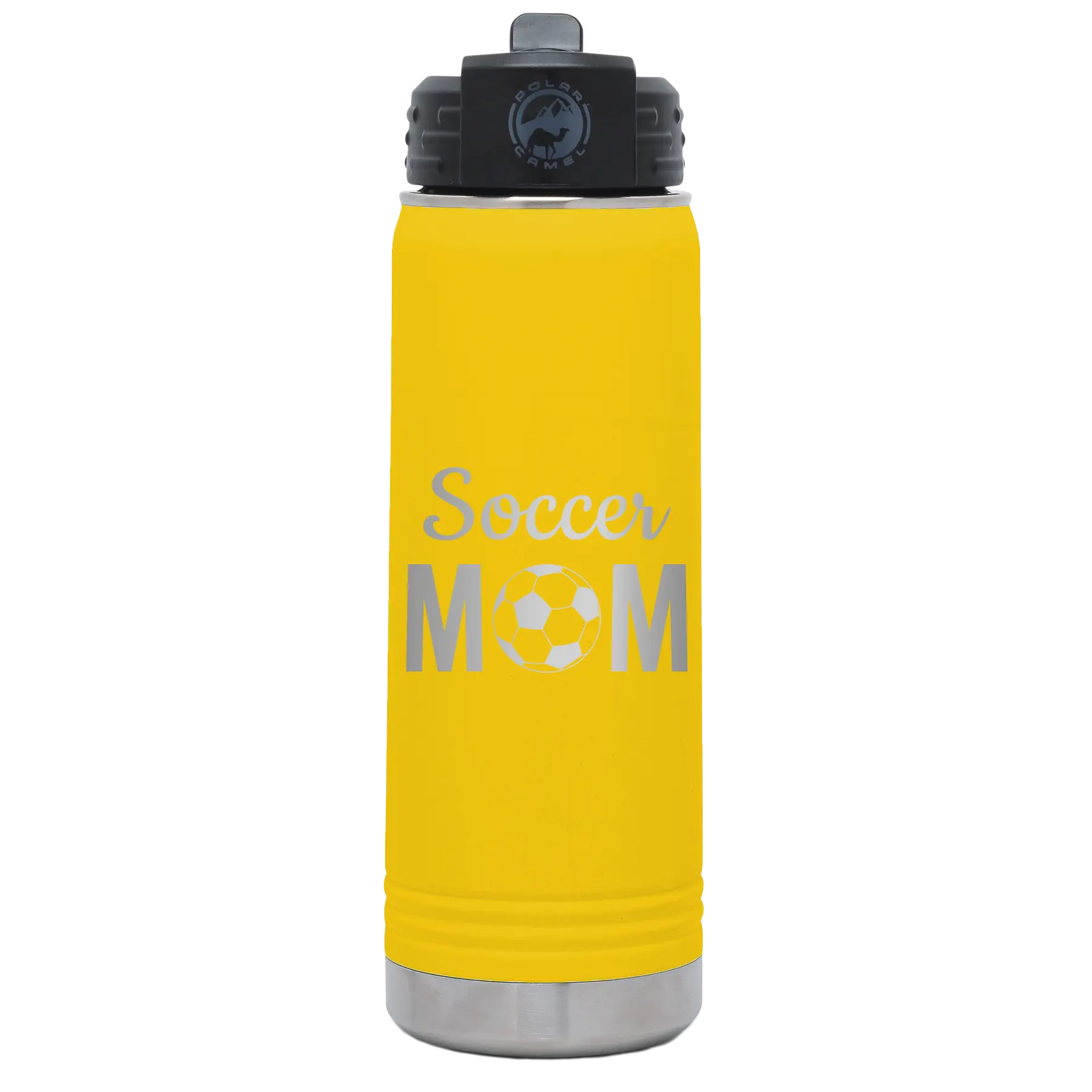 Laser etched yellow 20 oz vacuum insulated water bottle with 'Mom Soccer2' design