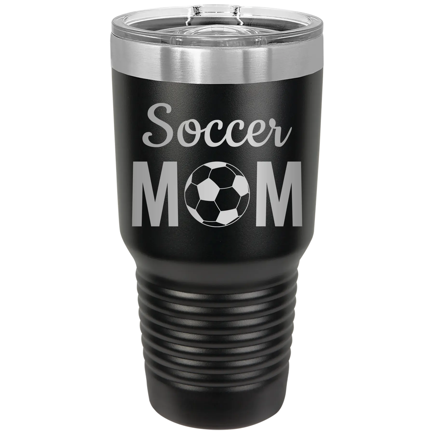 Laser etched black 30 oz vacuum insulated tumbler with 'Mom Soccer2' design