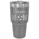 Laser etched dark gray 30 oz vacuum insulated tumbler with 'Mom Soccer2' design