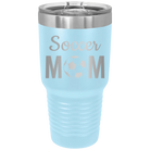 Laser etched light blue 30 oz vacuum insulated tumbler with 'Mom Soccer2' design