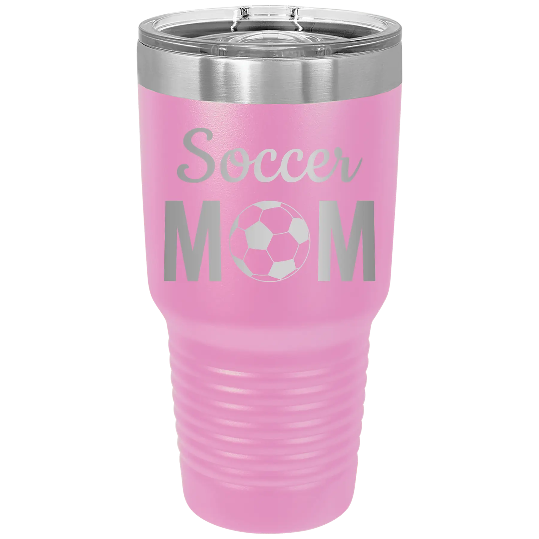 Laser etched light purple 30 oz vacuum insulated tumbler with 'Mom Soccer2' design