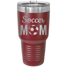 Laser etched maroon 30 oz vacuum insulated tumbler with 'Mom Soccer2' design