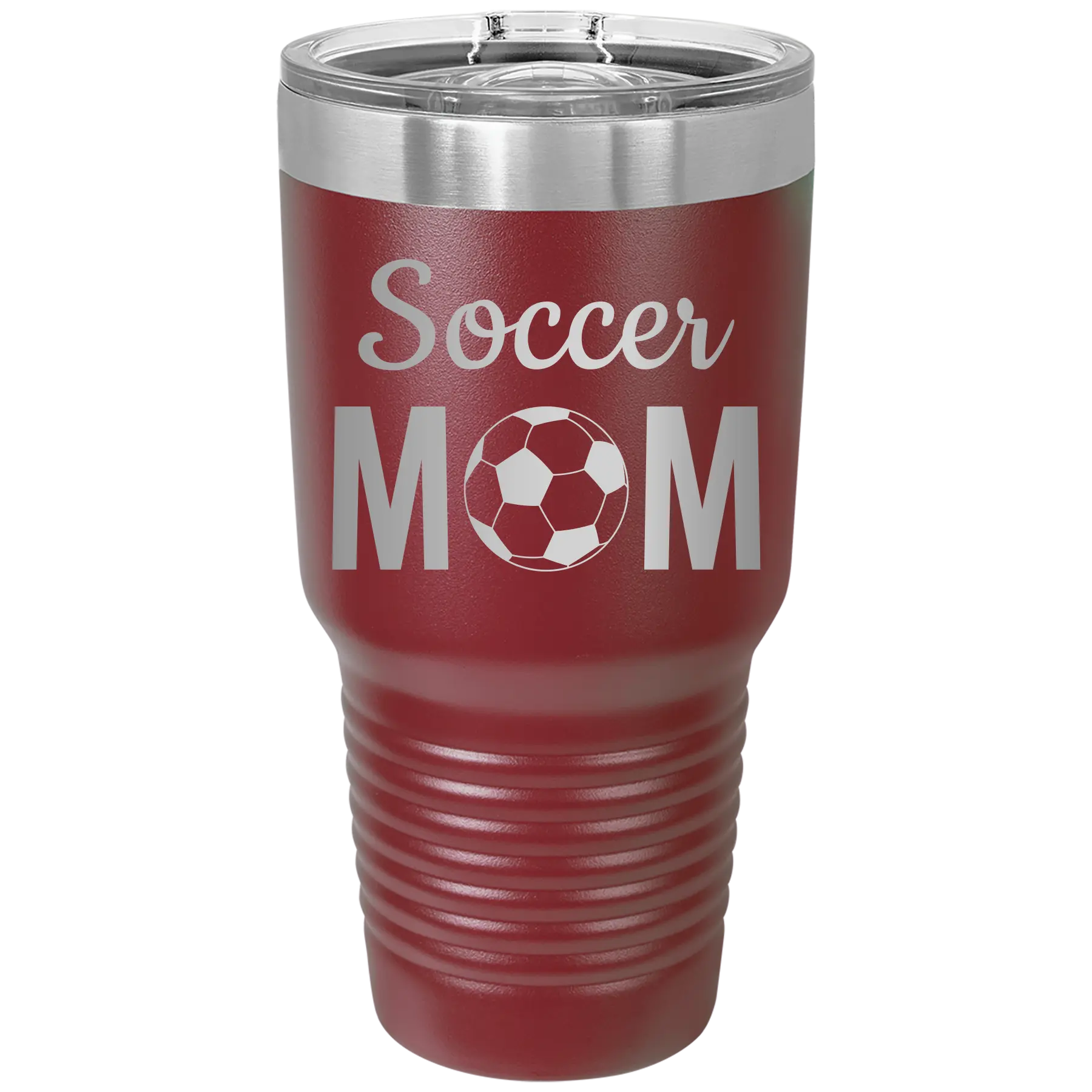 Laser etched maroon 30 oz vacuum insulated tumbler with 'Mom Soccer2' design