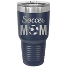 Laser etched navy 30 oz vacuum insulated tumbler with 'Mom Soccer2' design