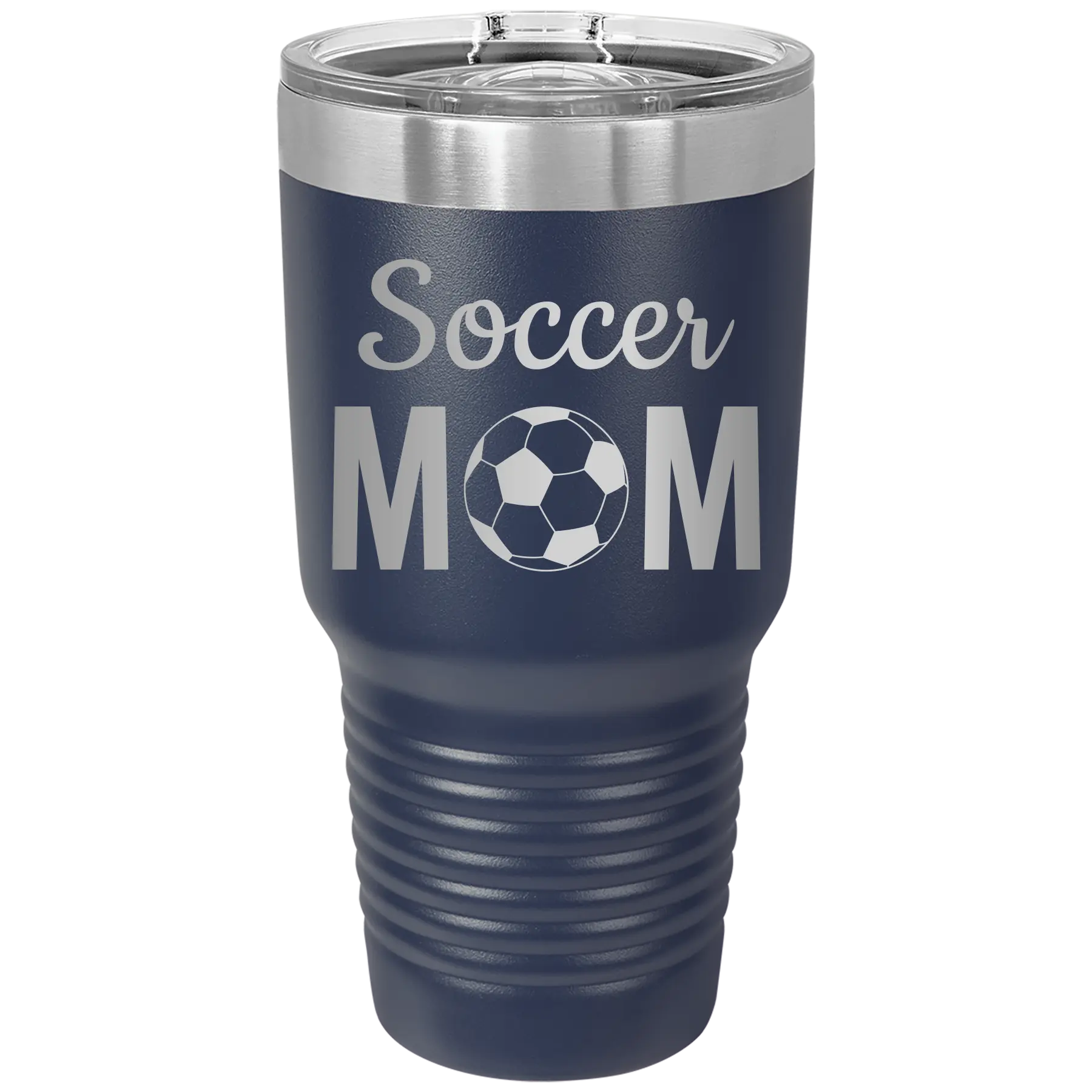 Laser etched navy 30 oz vacuum insulated tumbler with 'Mom Soccer2' design