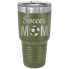 Laser etched olive green 30 oz vacuum insulated tumbler with 'Mom Soccer2' design