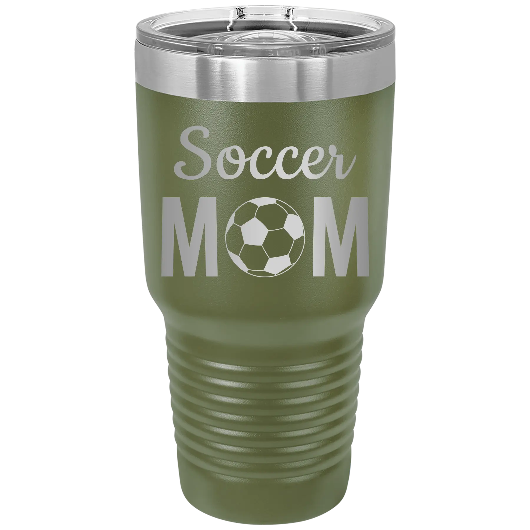 Laser etched olive green 30 oz vacuum insulated tumbler with 'Mom Soccer2' design