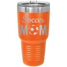 Laser etched orange 30 oz vacuum insulated tumbler with 'Mom Soccer2' design