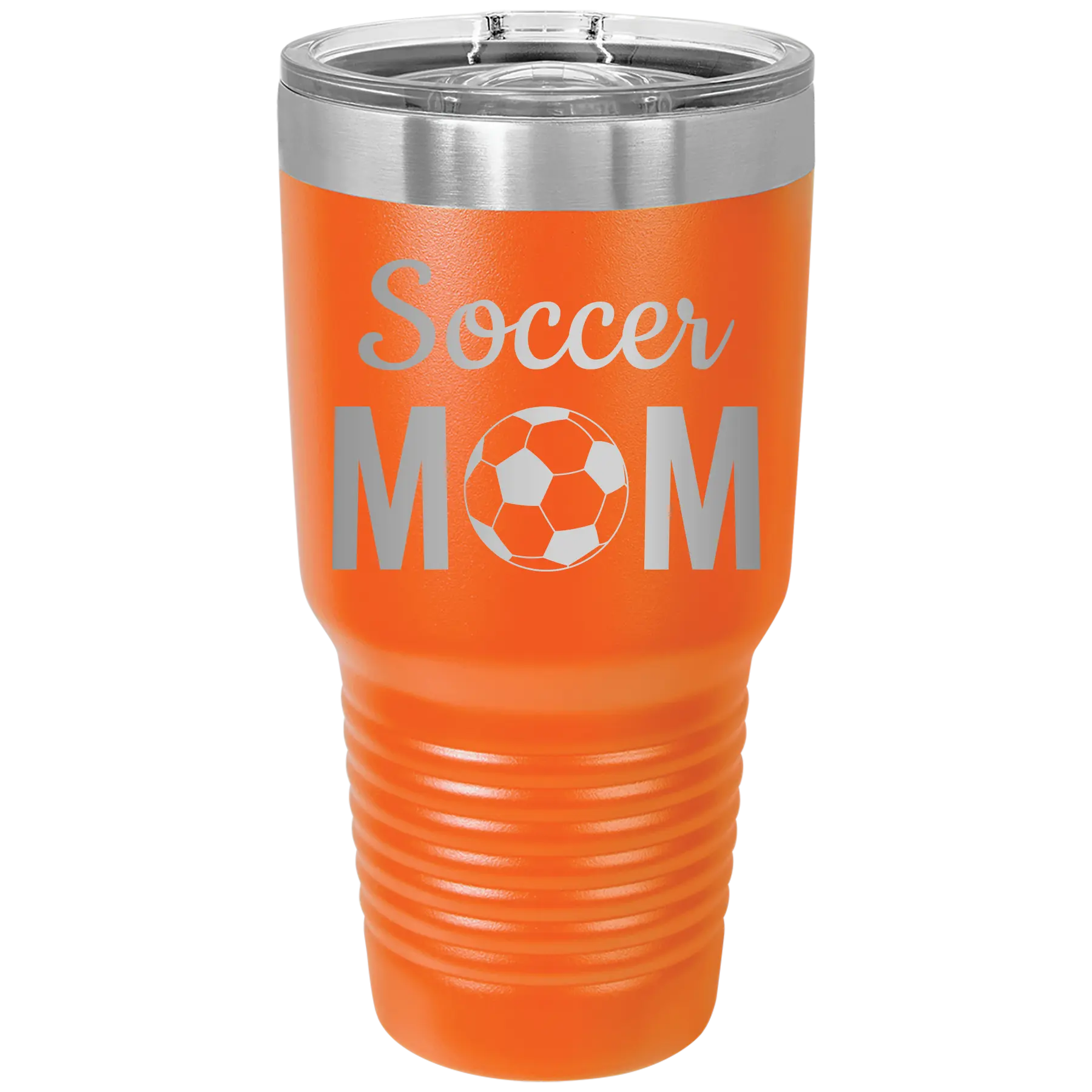 Laser etched orange 30 oz vacuum insulated tumbler with 'Mom Soccer2' design