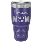 Laser etched purple 30 oz vacuum insulated tumbler with 'Mom Soccer2' design