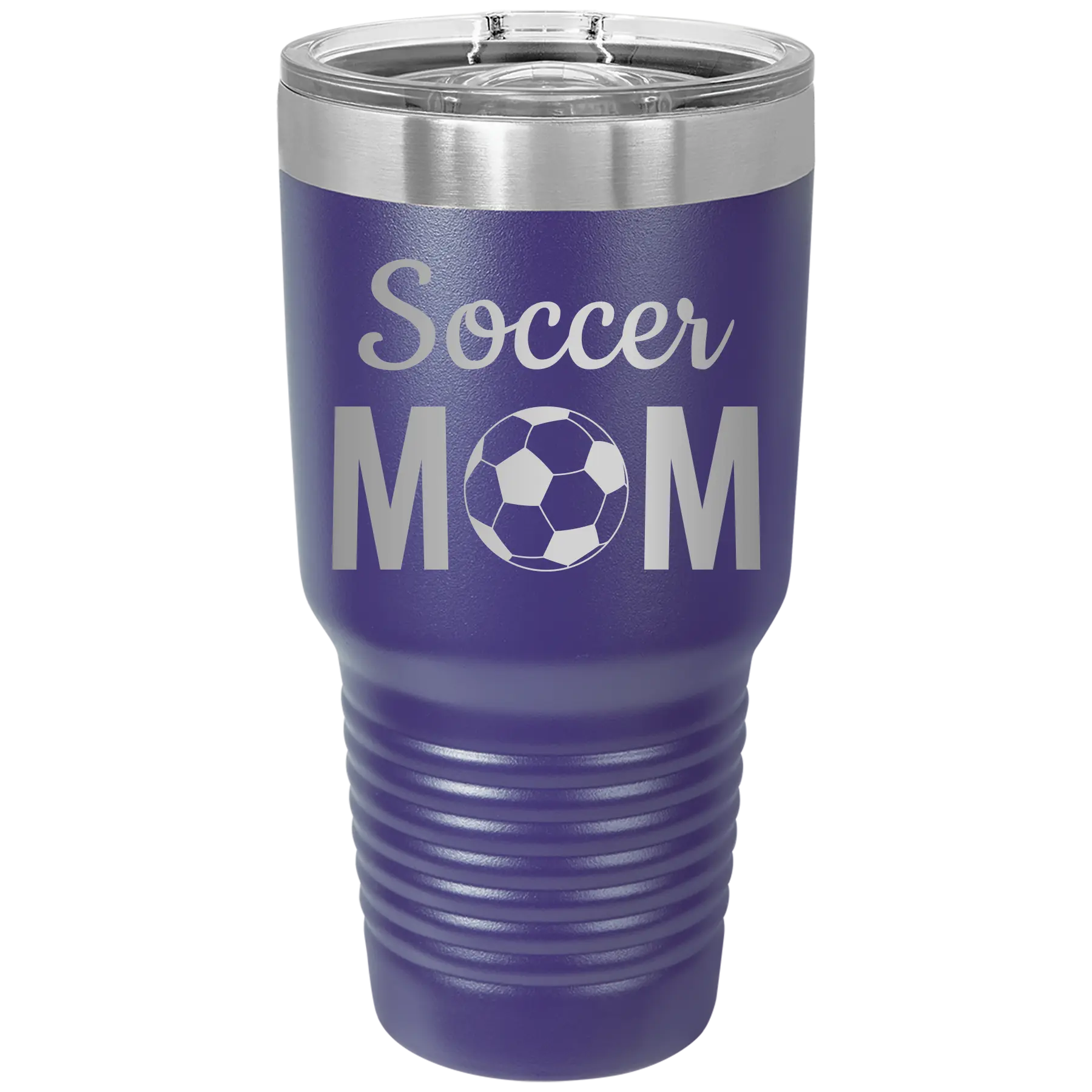 Laser etched purple 30 oz vacuum insulated tumbler with 'Mom Soccer2' design