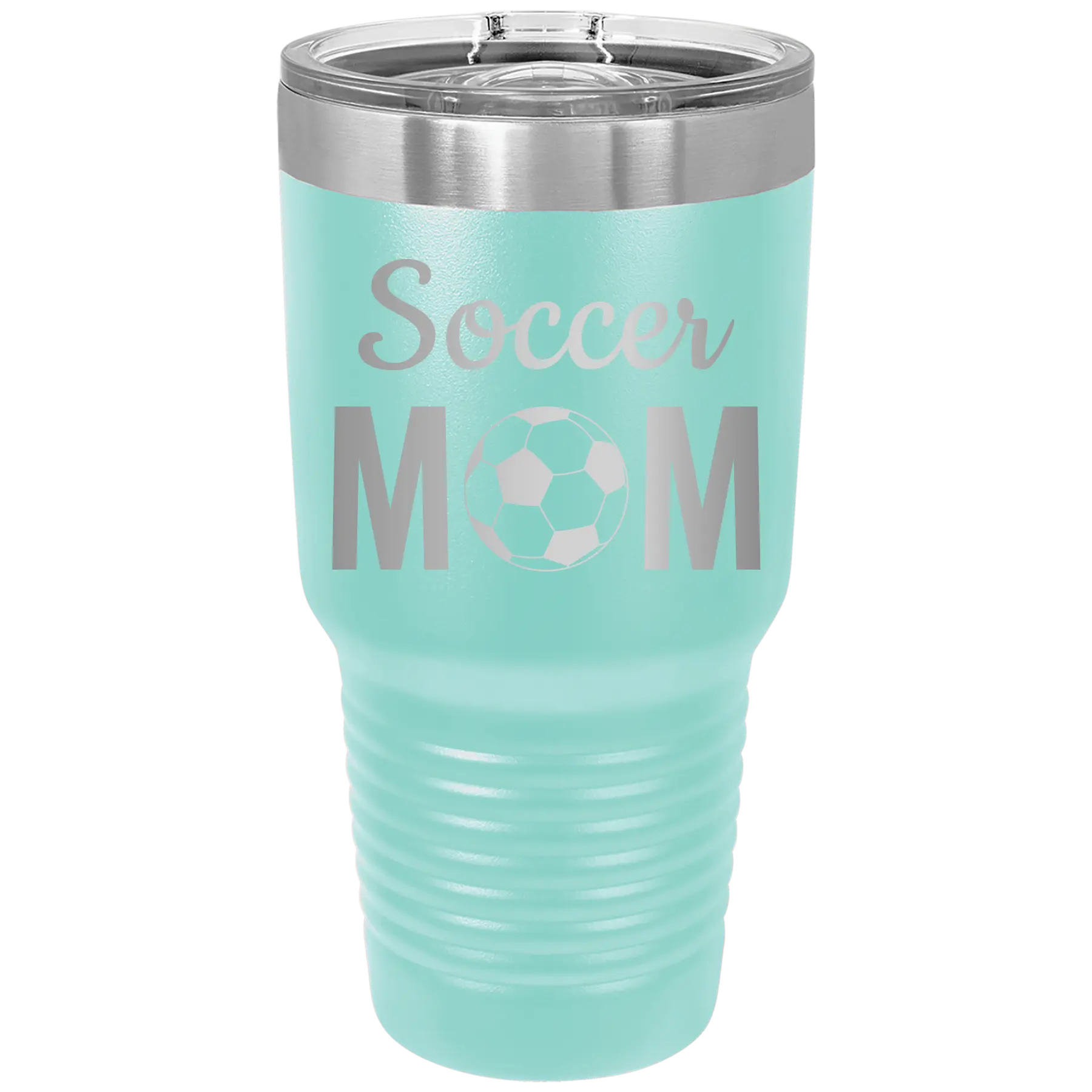 Laser etched teal 30 oz vacuum insulated tumbler with 'Mom Soccer2' design
