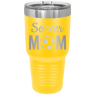 Laser etched yellow 30 oz vacuum insulated tumbler with 'Mom Soccer2' design