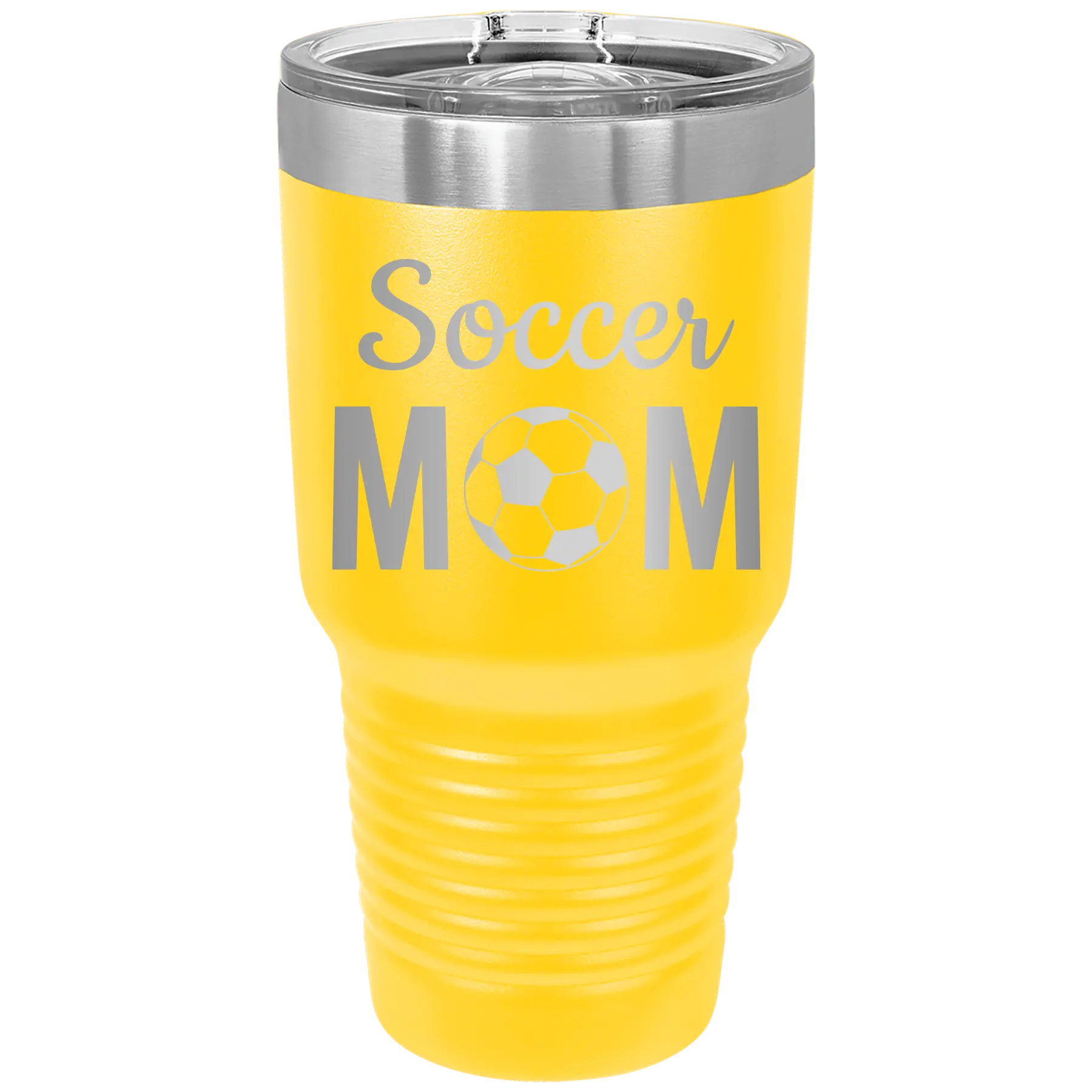 Laser etched yellow 30 oz vacuum insulated tumbler with 'Mom Soccer2' design