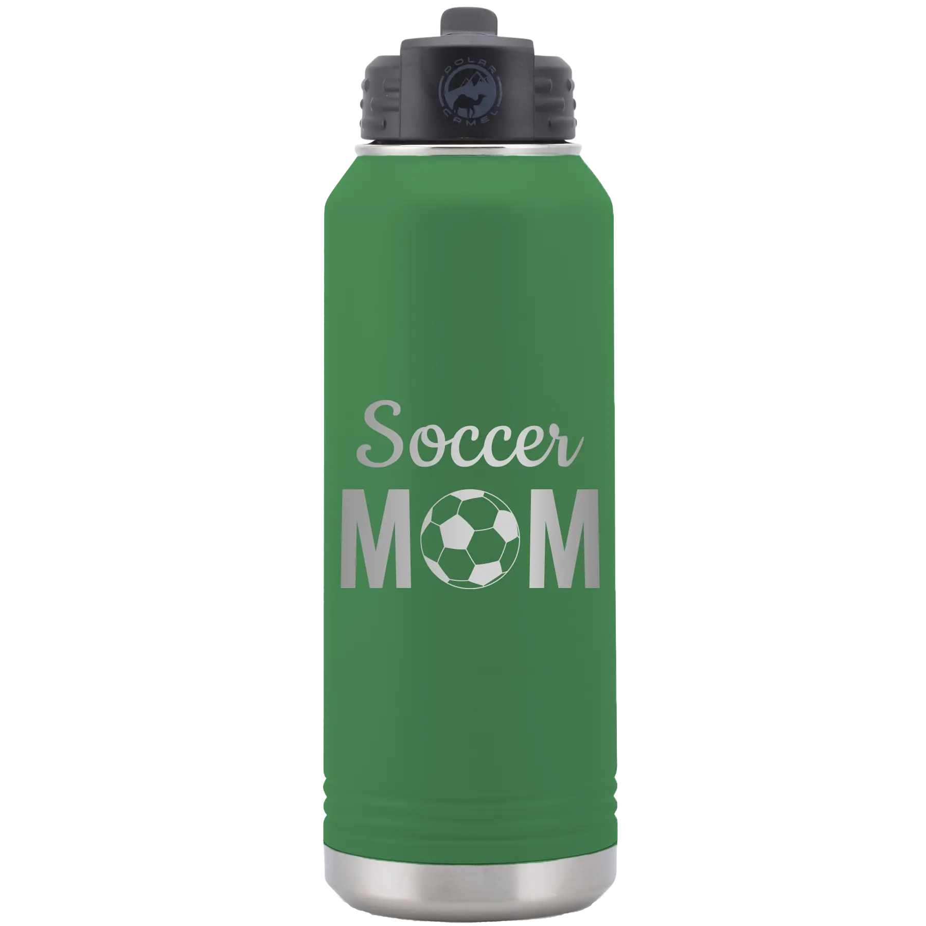 Laser etched green 32 oz vacuum insulated water bottle with 'Mom Soccer2' design