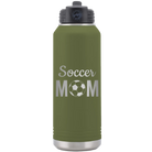 Laser etched olive green 32 oz vacuum insulated water bottle with 'Mom Soccer2' design