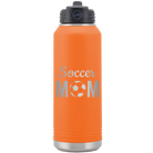 Laser etched orange 32 oz vacuum insulated water bottle with 'Mom Soccer2' design