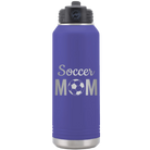 Laser etched purple 32 oz vacuum insulated water bottle with 'Mom Soccer2' design