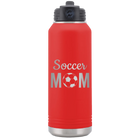 Laser etched red 32 oz vacuum insulated water bottle with 'Mom Soccer2' design