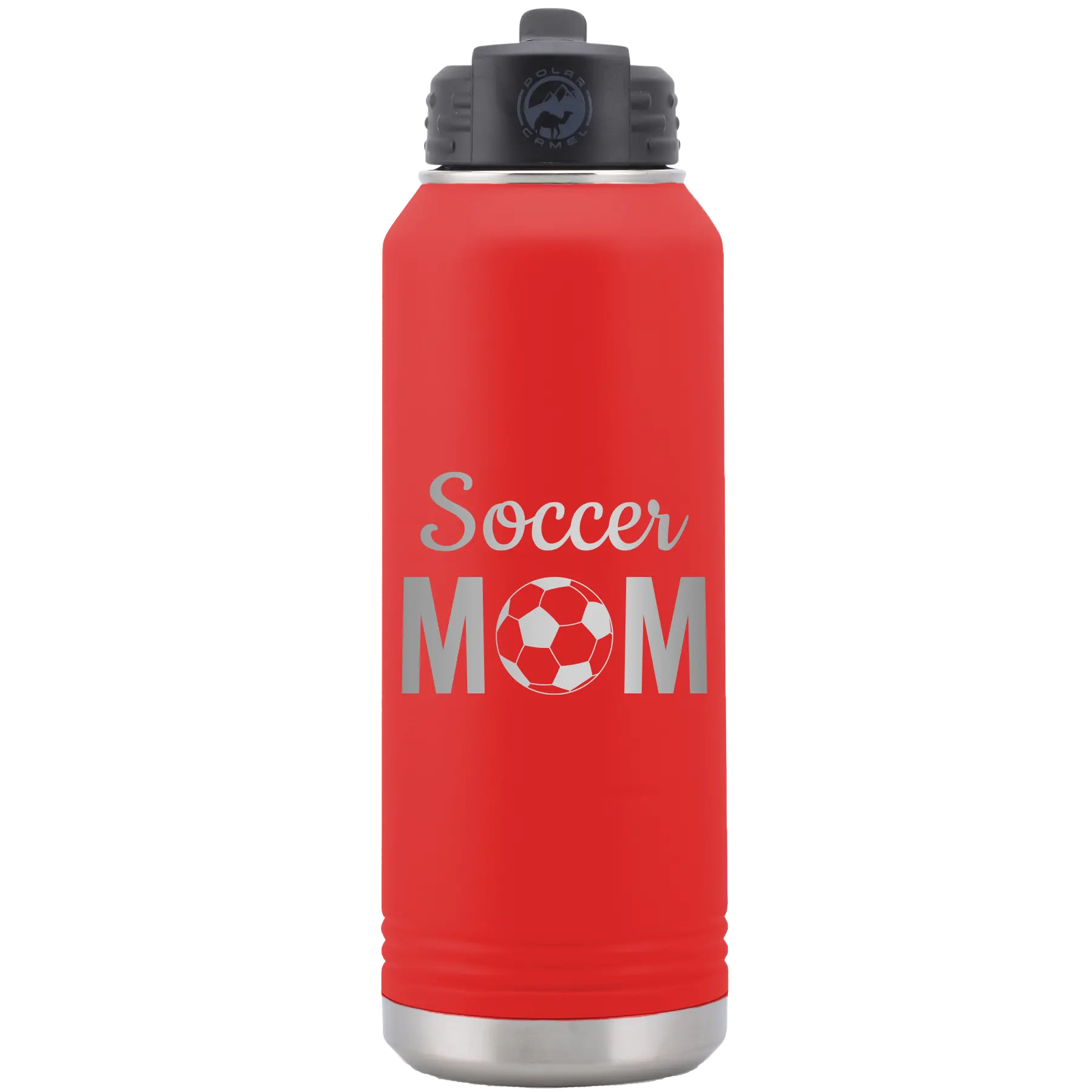 Laser etched red 32 oz vacuum insulated water bottle with 'Mom Soccer2' design