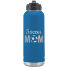 Laser etched royal blue 32 oz vacuum insulated water bottle with 'Mom Soccer2' design