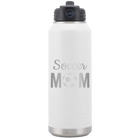 Laser etched white 32 oz vacuum insulated water bottle with 'Mom Soccer2' design