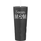 Laser etched black 20 oz vacuum insulated tumbler with 'Mom Soccer2' design