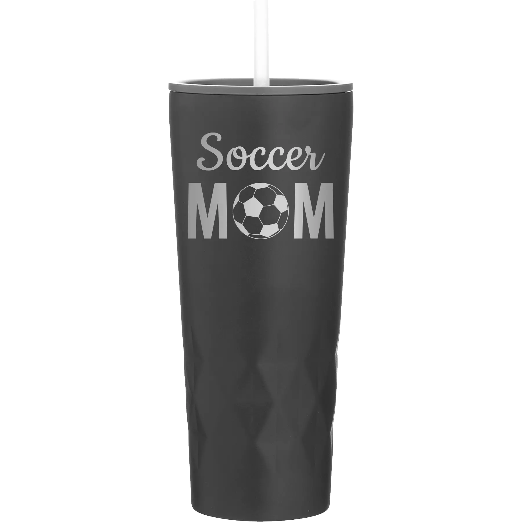 Laser etched black 20 oz vacuum insulated tumbler with 'Mom Soccer2' design