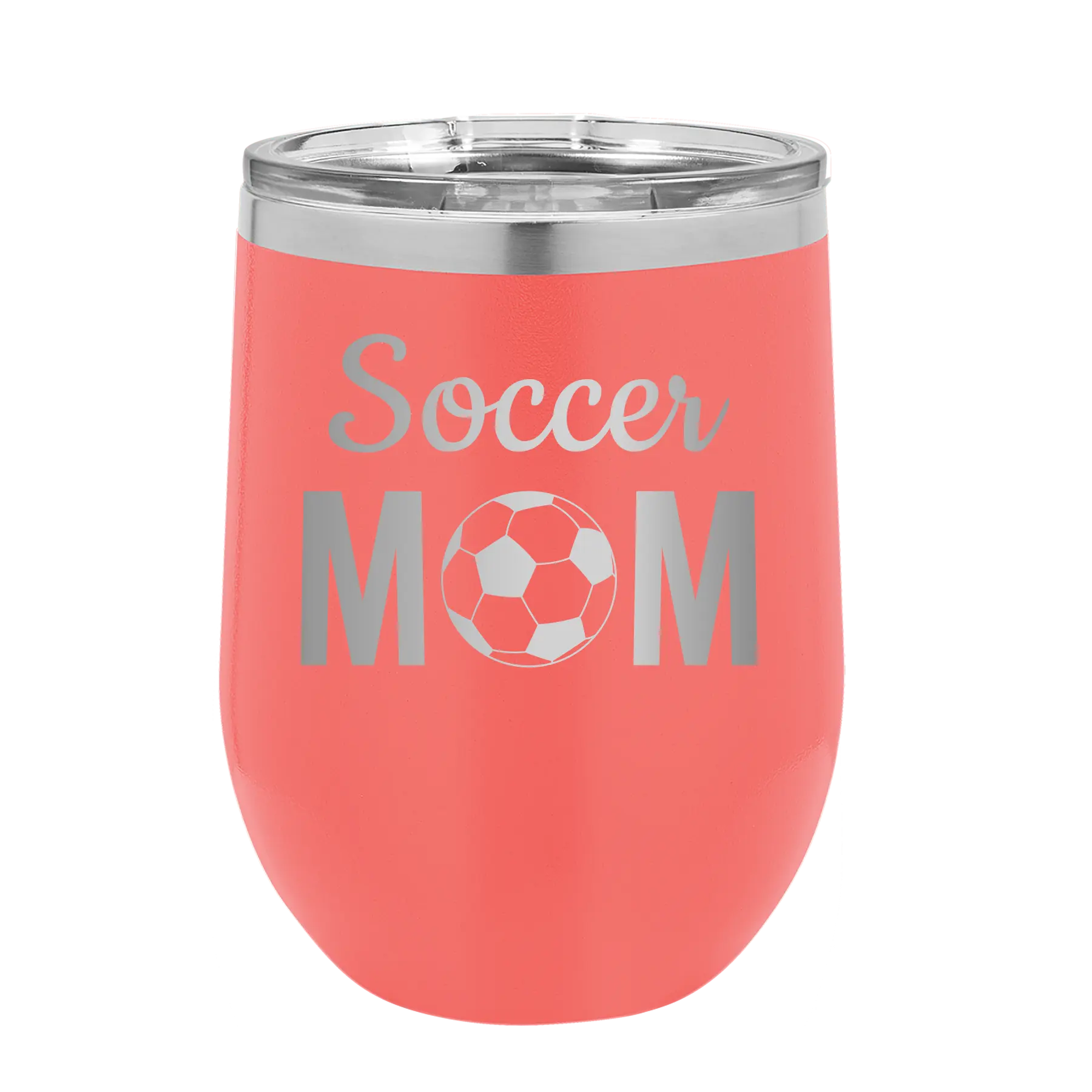 Laser etched coral 12 oz vacuum insulated wine cup with 'Mom Soccer2' design