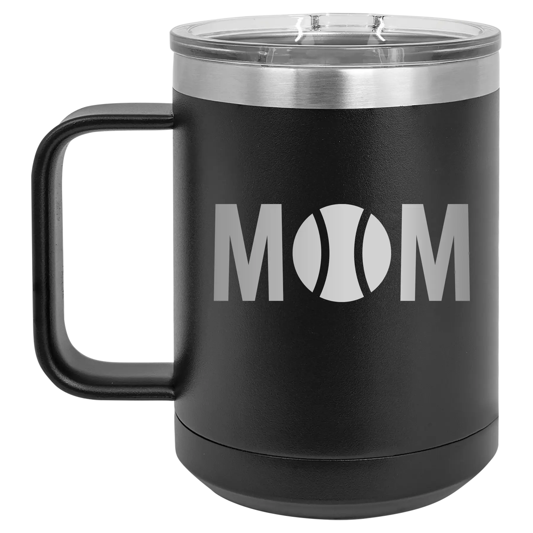 Laser etched black 15 oz vacuum insulated coffee mug with 'Mom Tennis' design