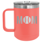Laser etched coral 15 oz vacuum insulated coffee mug with 'Mom Tennis' design