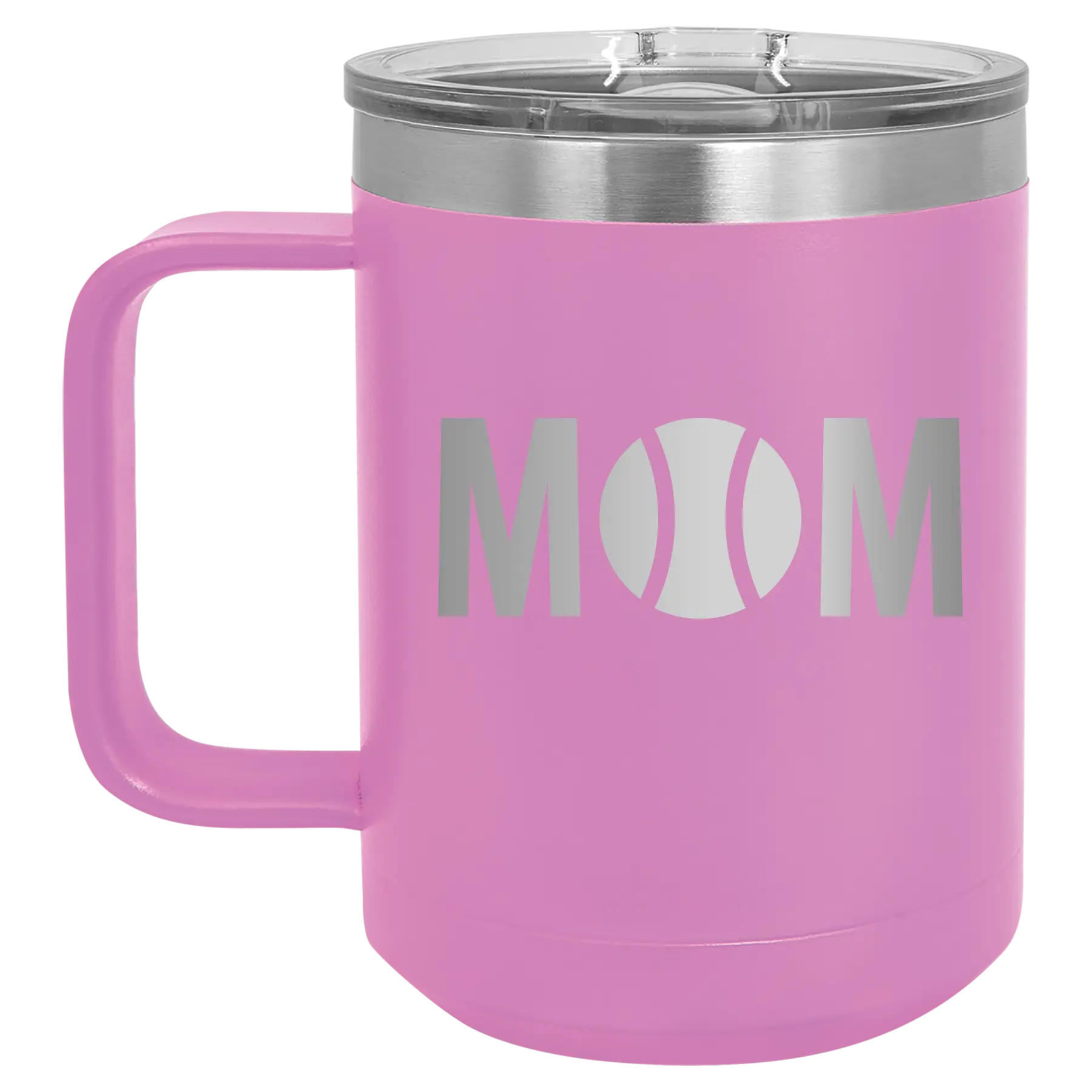 Laser etched light purple 15 oz vacuum insulated coffee mug with 'Mom Tennis' design