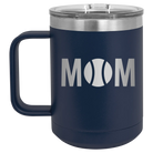 Laser etched navy 15 oz vacuum insulated coffee mug with 'Mom Tennis' design
