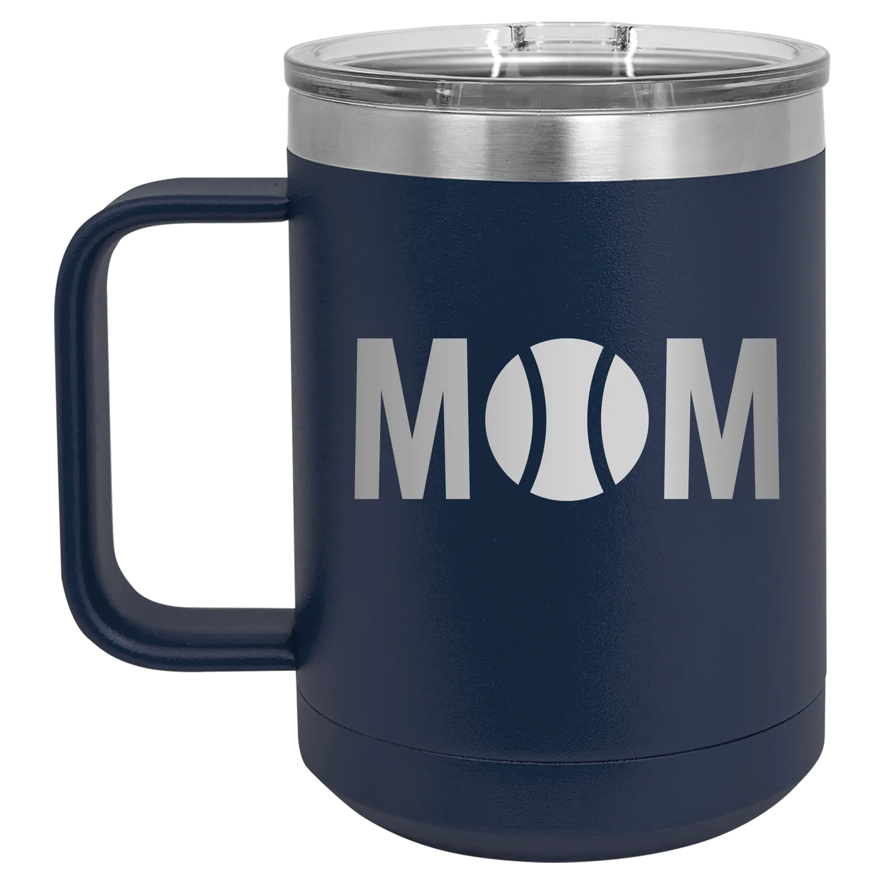 Laser etched navy 15 oz vacuum insulated coffee mug with 'Mom Tennis' design