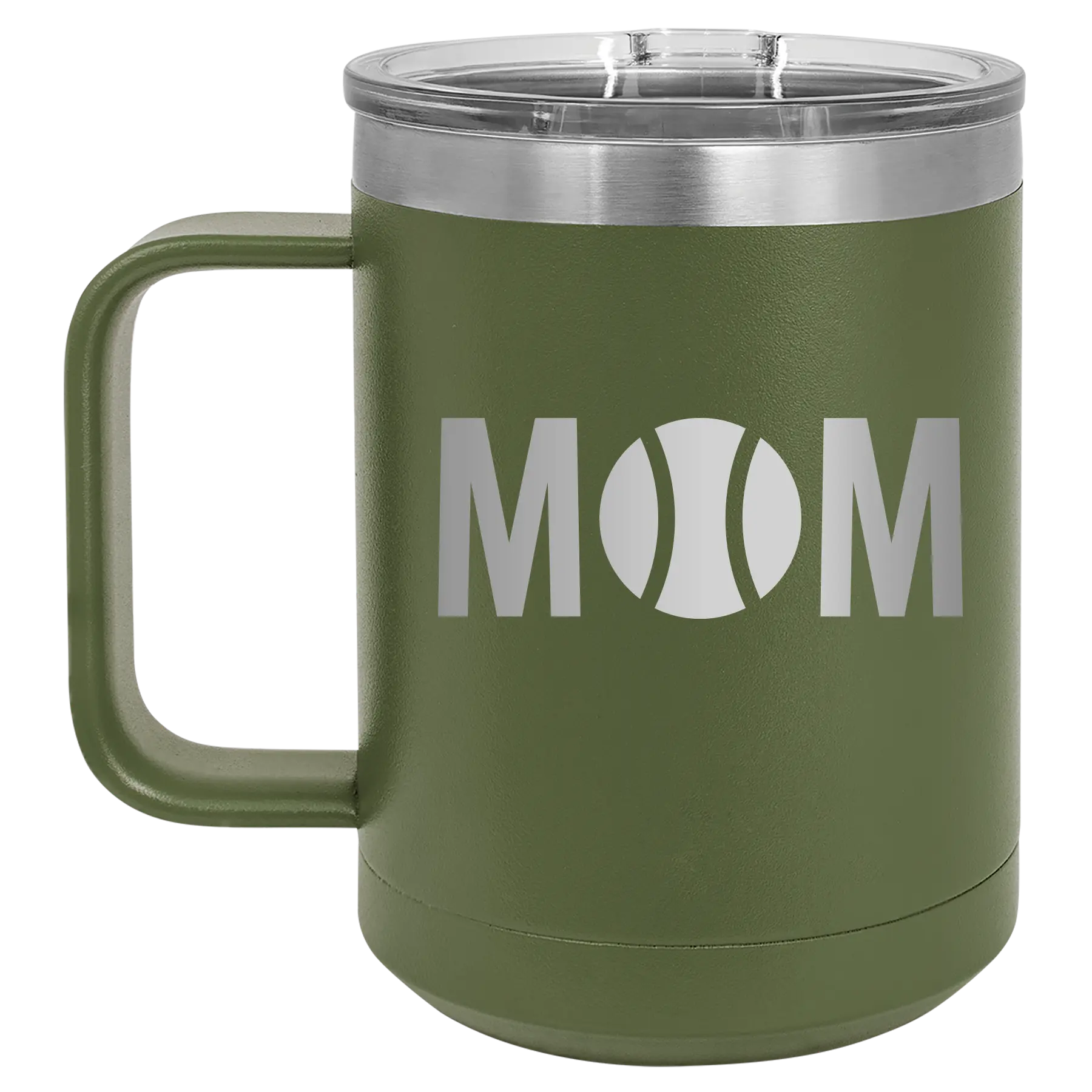 Laser etched olive green 15 oz vacuum insulated coffee mug with 'Mom Tennis' design