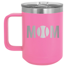 Laser etched pink 15 oz vacuum insulated coffee mug with 'Mom Tennis' design