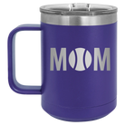 Laser etched purple 15 oz vacuum insulated coffee mug with 'Mom Tennis' design
