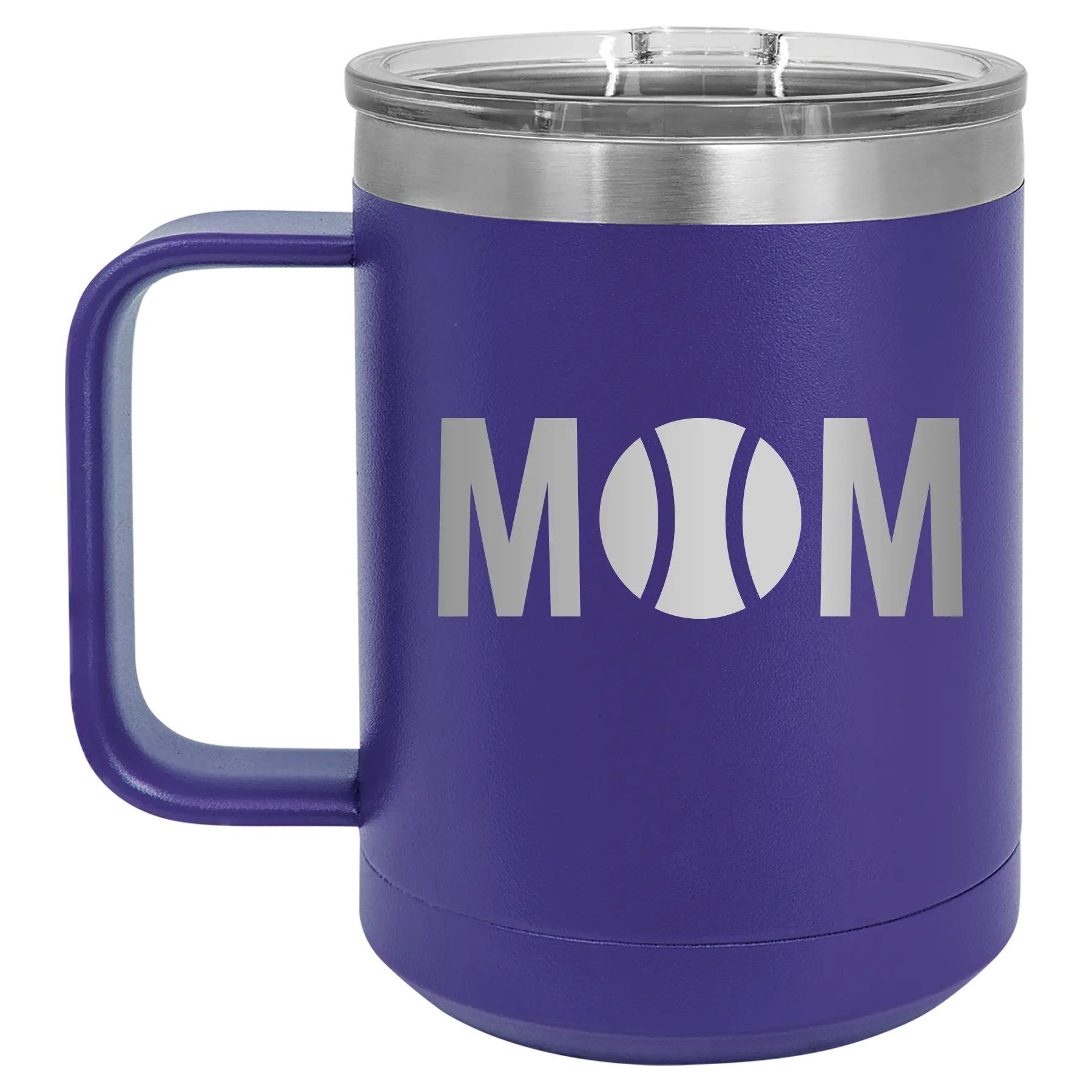 Laser etched purple 15 oz vacuum insulated coffee mug with 'Mom Tennis' design