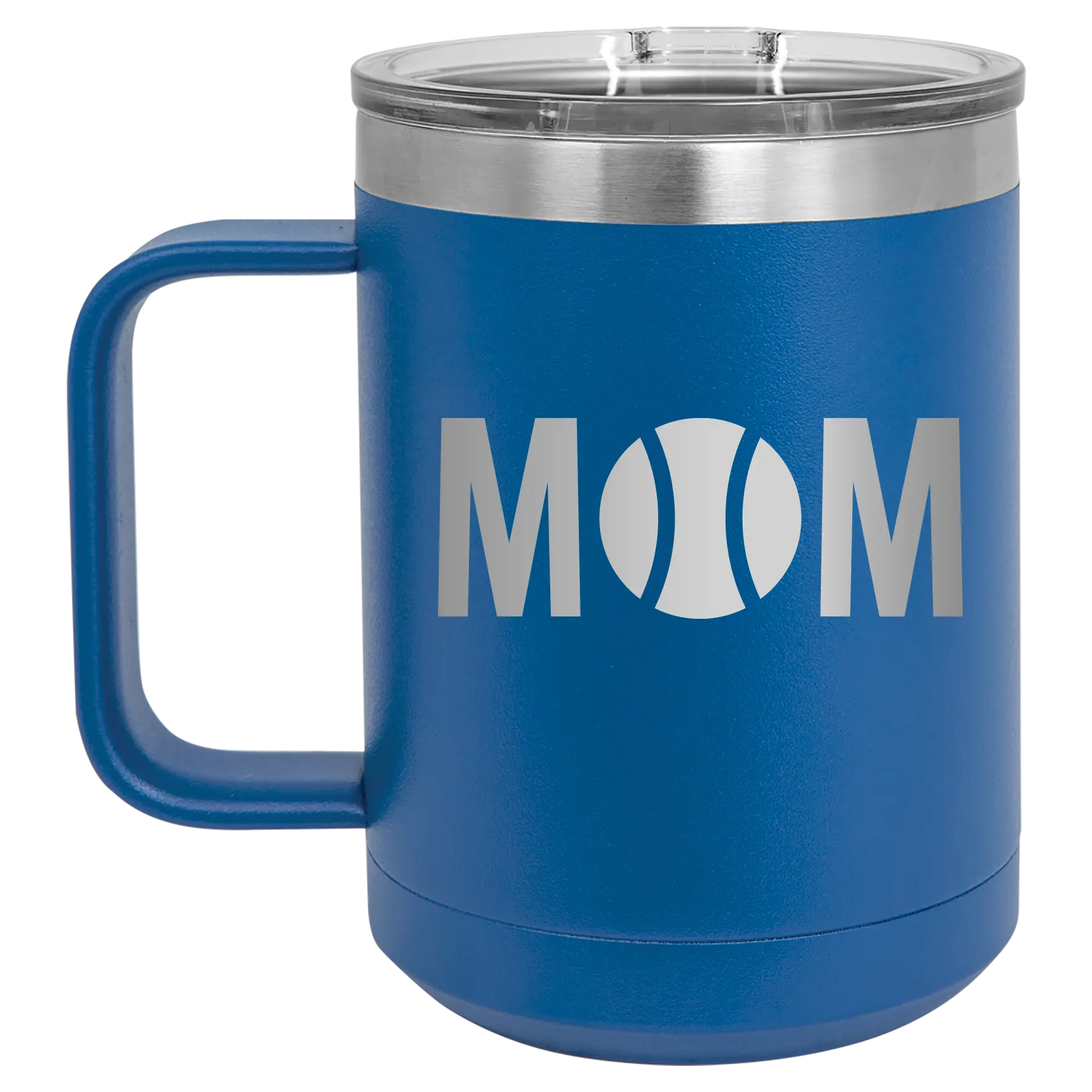 Laser etched royal blue 15 oz vacuum insulated coffee mug with 'Mom Tennis' design