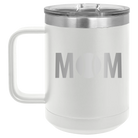 Laser etched white 15 oz vacuum insulated coffee mug with 'Mom Tennis' design