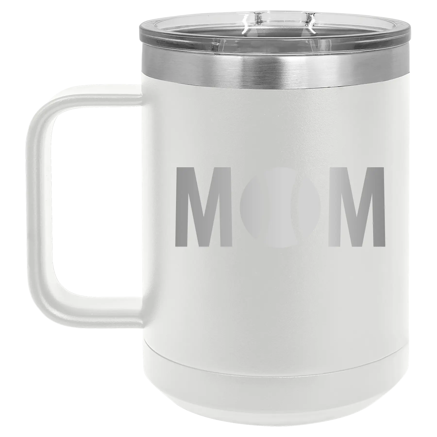 Laser etched white 15 oz vacuum insulated coffee mug with 'Mom Tennis' design