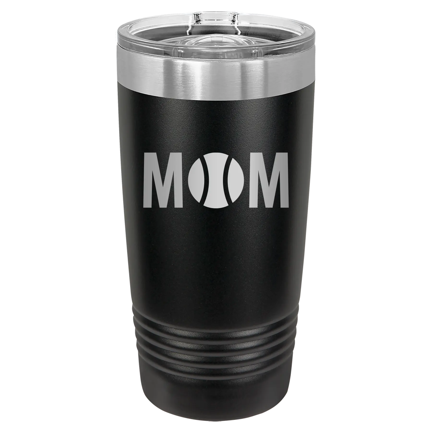 Laser etched black 20 oz vacuum insulated tumbler with 'Mom Tennis' design