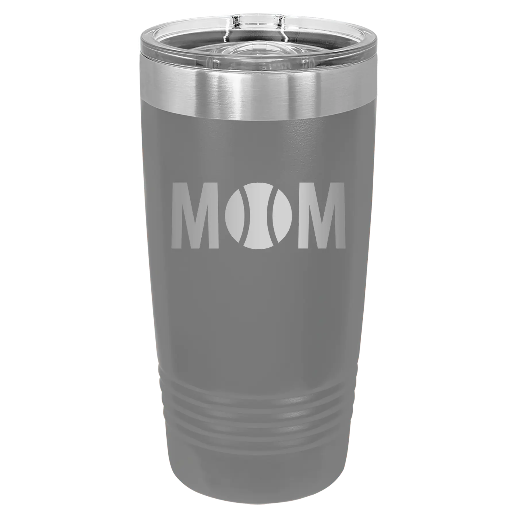 Laser etched dark gray 20 oz vacuum insulated tumbler with 'Mom Tennis' design