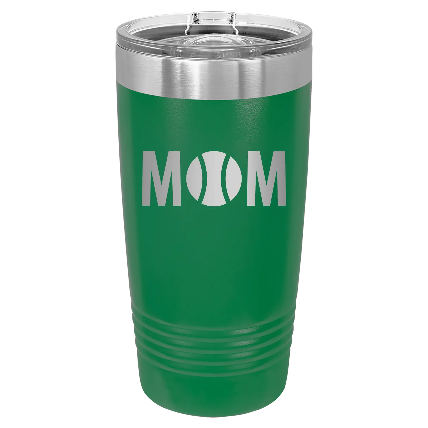 Laser etched green 20 oz vacuum insulated tumbler with 'Mom Tennis' design