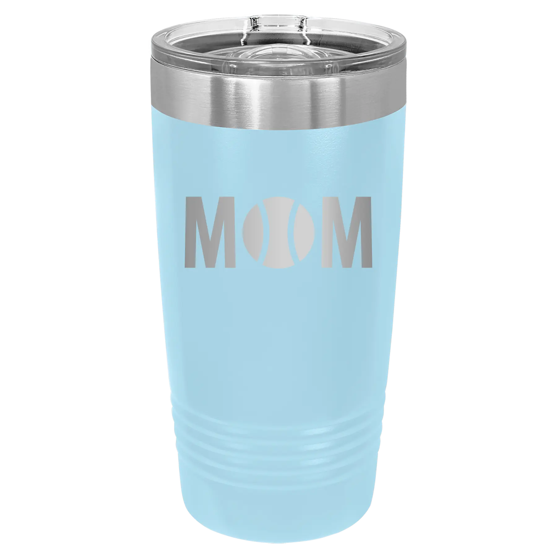 Laser etched light blue 20 oz vacuum insulated tumbler with 'Mom Tennis' design