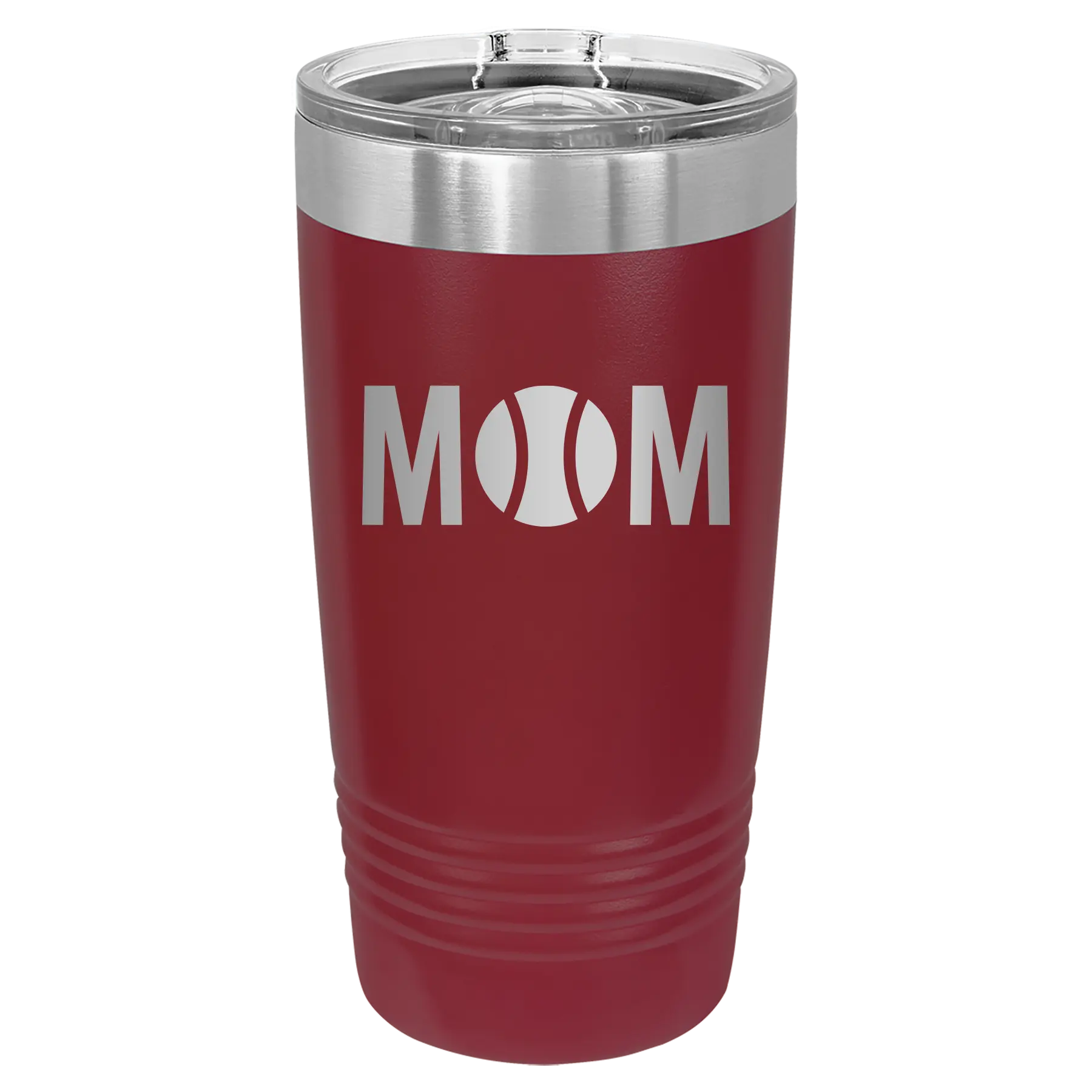 Laser etched maroon 20 oz vacuum insulated tumbler with 'Mom Tennis' design
