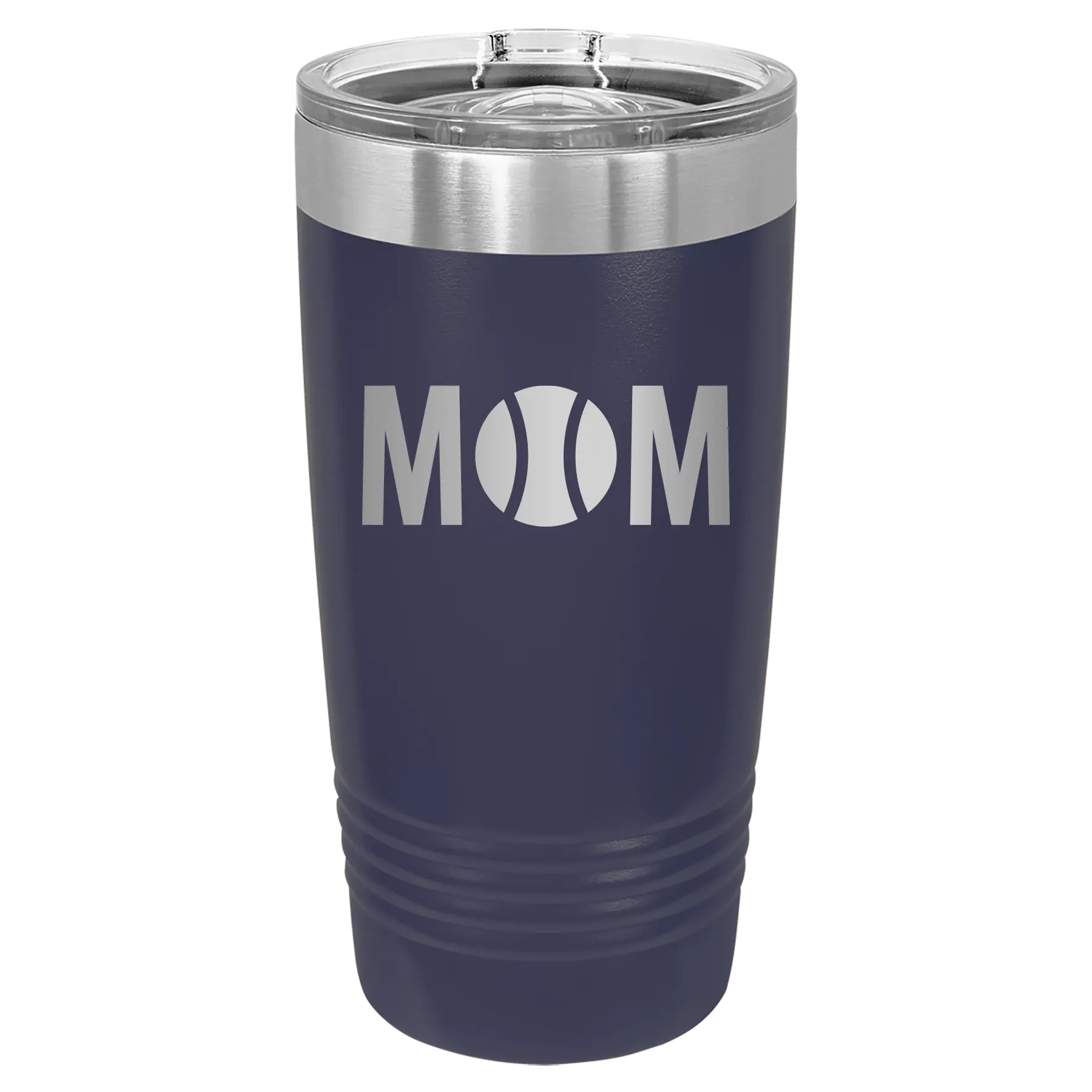 Laser etched navy 20 oz vacuum insulated tumbler with 'Mom Tennis' design